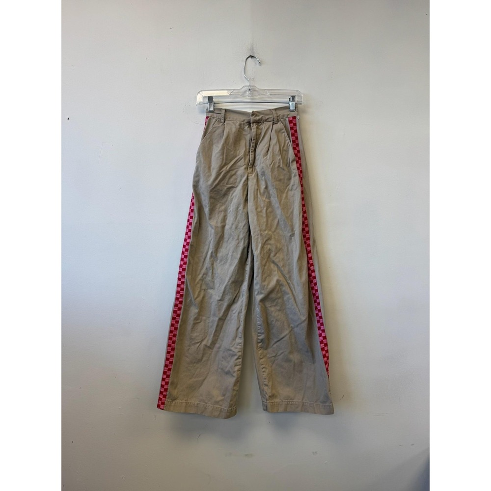 Lazy Oaf‎ Pants Womens 24 Beige Wide Leg Chino Pink Check Twill Side Stripe